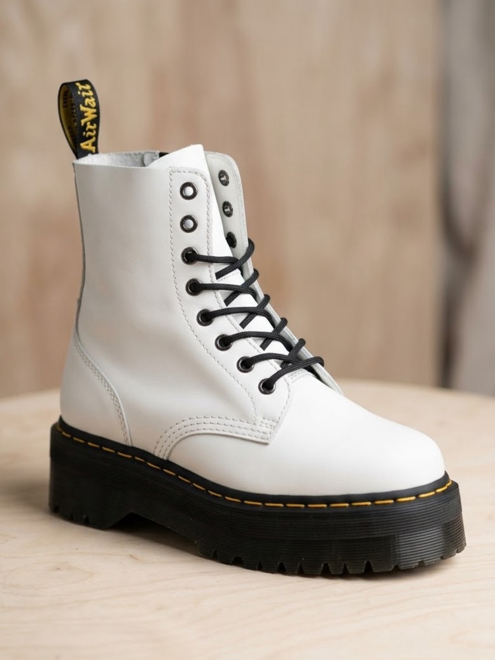 Dr. Martens White Leather Platform Lace-Up Boot with Black Sole